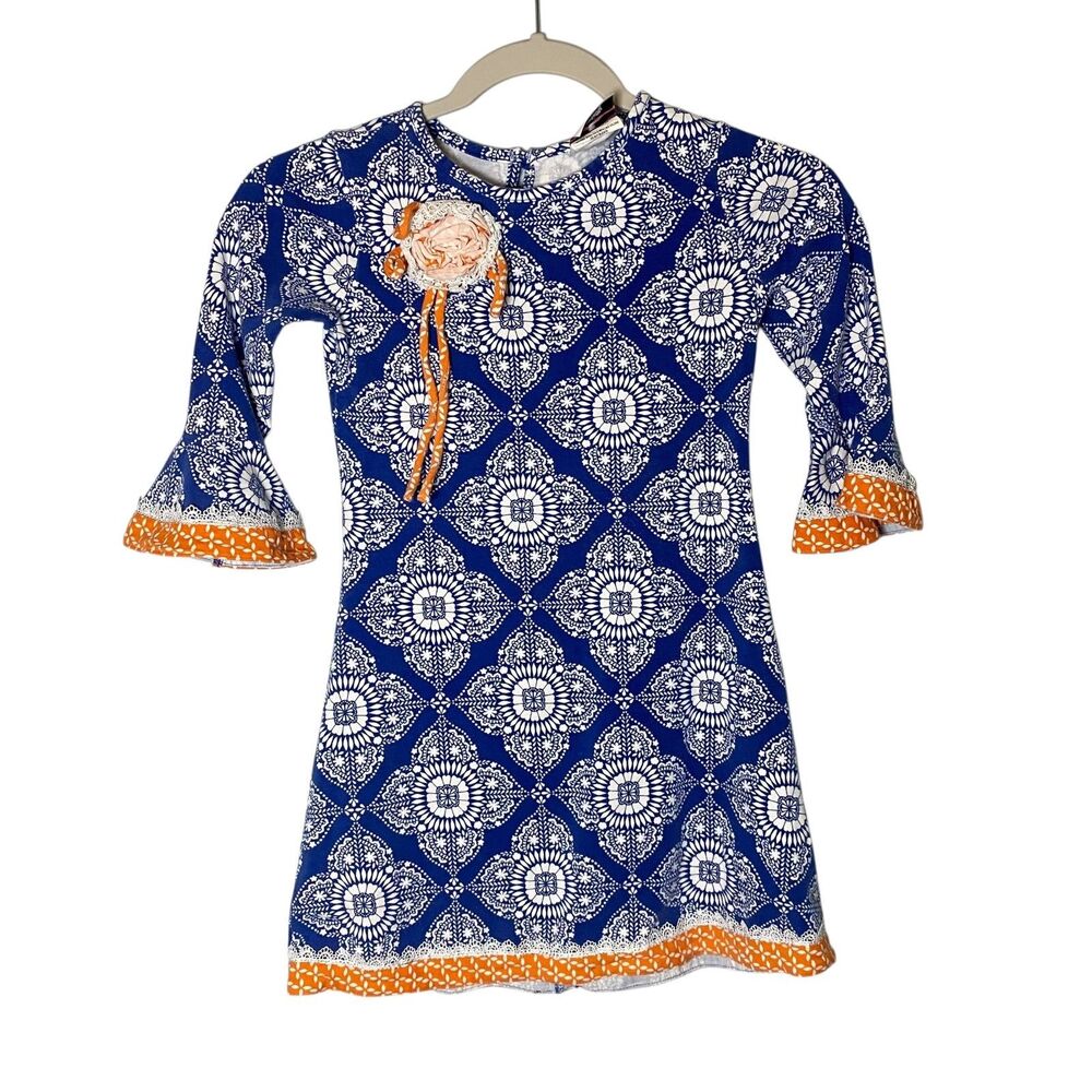Counting Daisies Girls Dress Blue Orange Floral Embellishment Bell Sleeve 6x